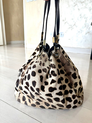 Cartera Bolso Prune Cuero Pony Animal Print Blanco Animal Plateado Negra (Usado)