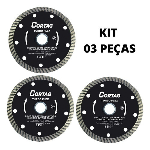 Kit 3 Disco Corte Diamantado Turbo Flex Furo 22,22mm Cortag Cor Preto
