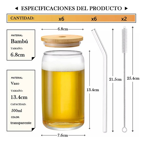 Juego De 6 Vasos De Vidrio De 500 Ml Con Tapa De Bambú Y