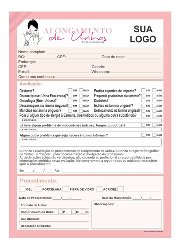 Imagem 2 de 5 de Ficha Anamnese Alongamento De Unhas+cuidados 100fls C/ Logo