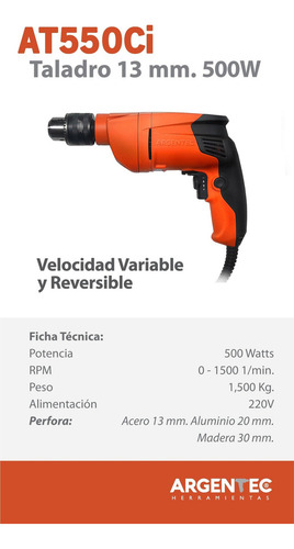 Taladro 13 Mm. Variable Reversible Argentec At550ci 500w Color Naranja Frecuencia 50 Hz