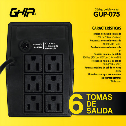 No Break Ghia 6 Contactos Respalda Máximo 750 Va 360 Watts C