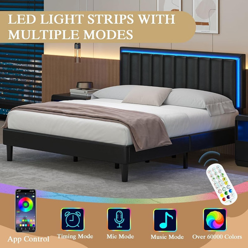 Bed Frame King Size Color Black C/cabecera Con Luz Led