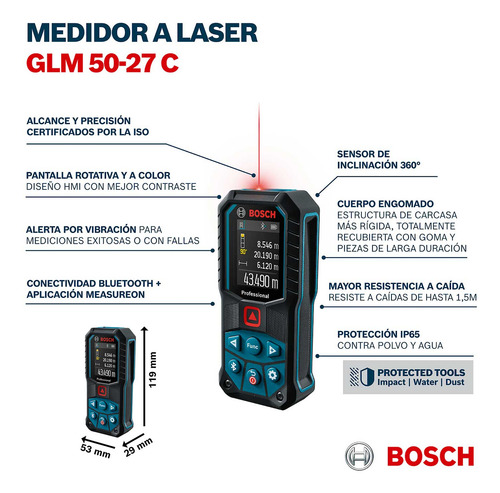 Telémetro Láser Rojo Bosch Glm 50-27 C Bluetooth 0.05-50m