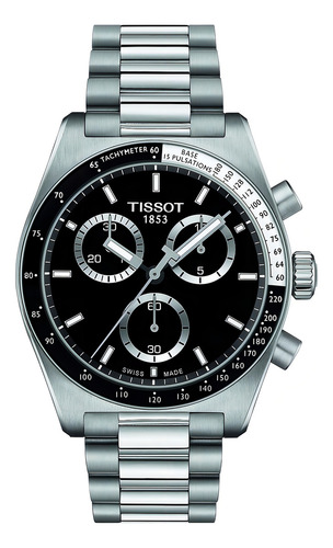 Reloj Tissot Prs 516 Quartz Chronograph 40mm T1494171105100 Malla Plateado Bisel Negro Fondo Negro