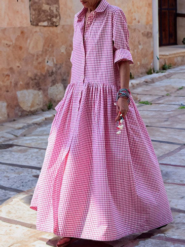 Elegante Vestido Largo Y Holgado Con Manga De Solapa A La Mo