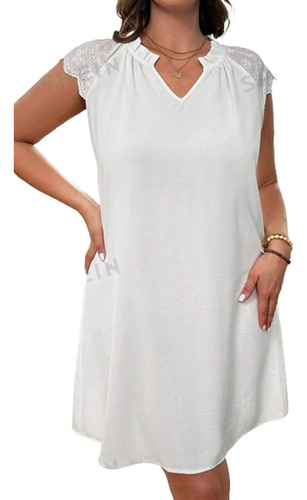 Vestido Suelto Blanco Cuello V, Tallas Extras 3xl 