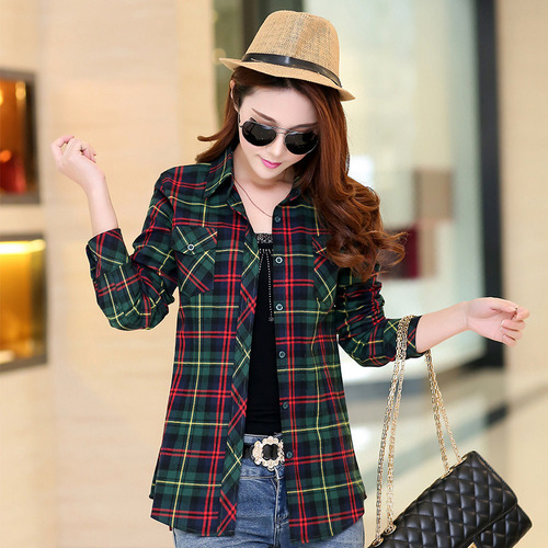 Ha Camisa De Mujer A Cuadros Tallas Grandes Algodón Slim Fit