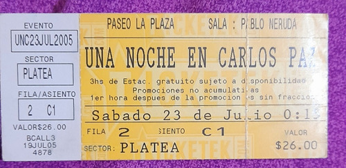 Entrada De Colección Teatro Una Noche En Carlos Paz (Usado)