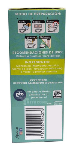 Imagen 2 de 3 de Té Manzanilla, Té Verde Y Diente De Leon 24 Sobres Therbal