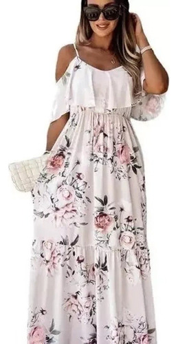 Vestido Maxi Estampado Floral Con Hombros Descubiertos