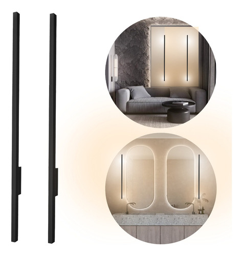 Kit 2 Arandelas Linear De Led 15w 3000k Luz Indireta 1m Full Estrutura Preto