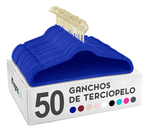 50 Ganchos Para Ropa Terciopelo Antideslizante Premium Color Azul