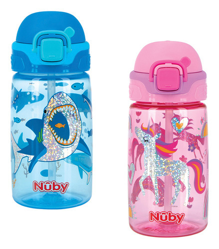 Garrafinha Glitter Com Botão Abre E Fecha 415ml Flip-it Nuby Cor Azul