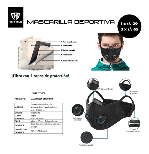 Imagen 2 de 7 de Mascarilla Deportiva N95 Con Filtro 5 Capas/ Certificados