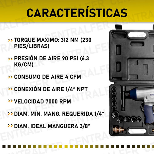 Imagen 4 de 8 de Llave Pistola Impacto Neumática Enc. 1/2 Kit 17 Pcs Bremen