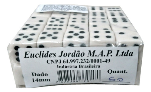 Jogo De Dados 14mm (1,4cm) Euclides Jordão 50 Unid. C/ Cor Branco