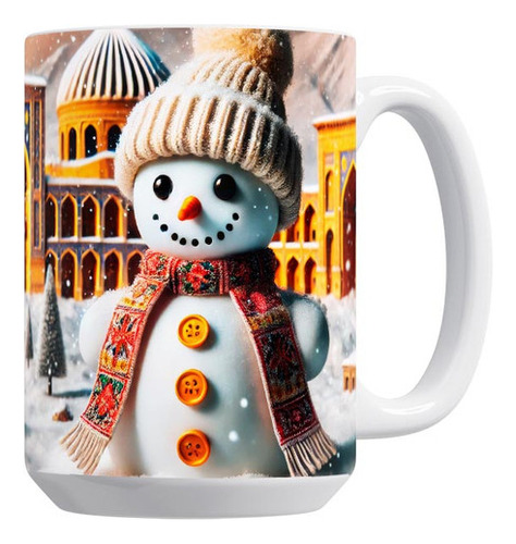 Taza Grande Mono De Nieve Con Gorro Y Bufanda En Mini Ciudad