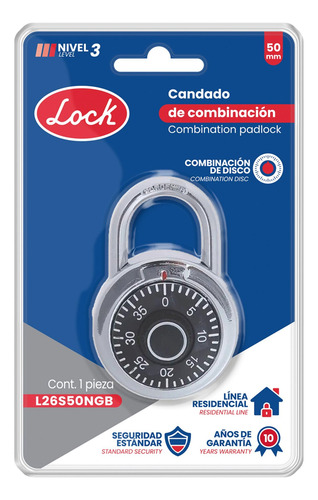 Lock L26s50ngb Candado De Combinación De Disco Negro 50 Mm