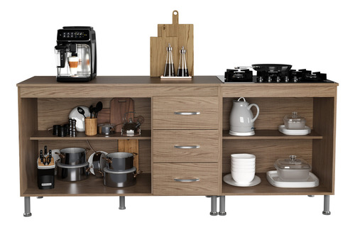 Kit 2 Balcões Modulados Gabinete Pia 120cm E Cooktop 70cm Com Tampo Paris Fidelitá Nogal/Salinas