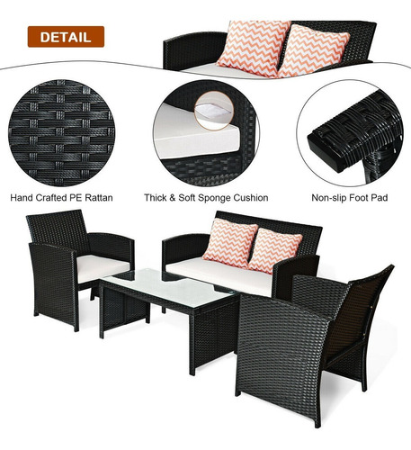 Set Patio & Jardín 4 Piezas De Mimbre Y Cojines Tipo Ratan