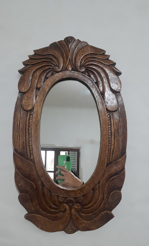 Espejo Antiguo Oval Con Marco De Madera Tallado Decorativo Marrón (Usado)