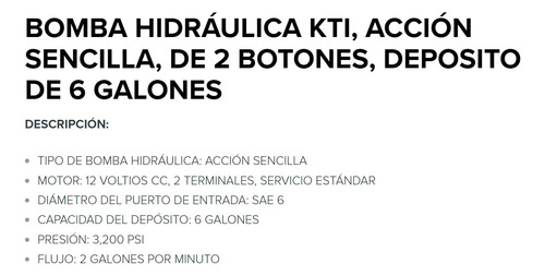 Bomba Hidráulica Kti 2 Botones Accion Sencilla Deposito 6gal