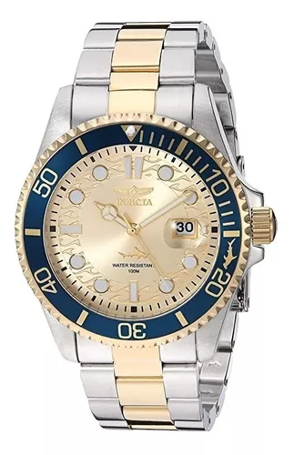 Reloj pulsera Invicta Pro Diver 30022 de cuerpo color plateado, analógico,  para hombre, fondo oro, con correa de acero inoxidable color acero y oro,  agujas color blanco y oro, dial blanco y