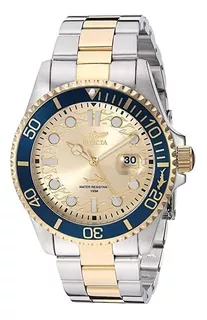 Reloj pulsera Invicta Pro Diver 30022 de cuerpo color plateado, analógico, para hombre, fondo oro, con correa de acero inoxidable color acero y oro, agujas color blanco y oro, dial blanco y oro, minut