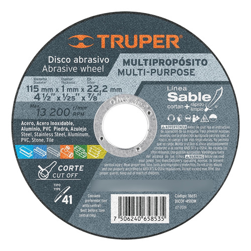 Disco 41 Corte Multipropósito Sable 4-1/2'' Truper 18651 Color Gris