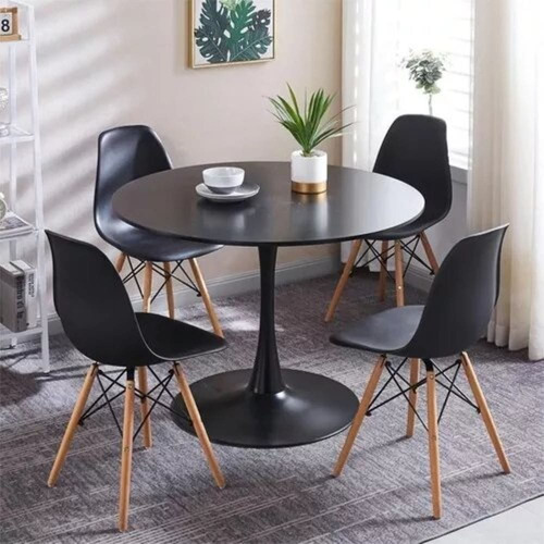 Comedor Redondo Tulip Negra + 4 Sillas Eames Negras