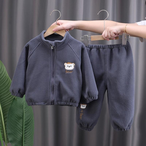 Conjunto Pants Para Niños Bebés Tela Polar Extragruesa Gris Oscuro Lisa 6-12 Meses