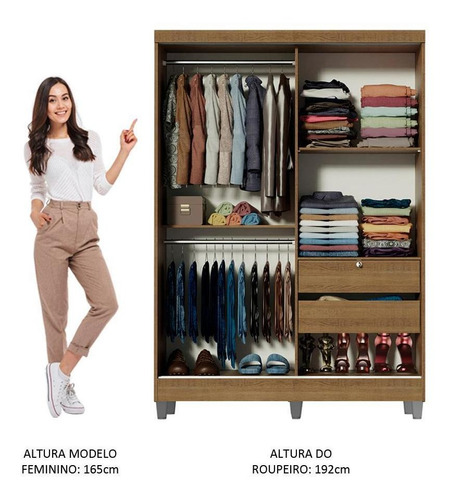 Guarda-roupa Solteiro Madesa Luke 2 Portas De Correr Com Pés Cor Rustic 10445ZACP