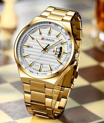 Reloj Curren 8375 Pulsera Acero Correa Dorado Bisel Dorado Fondo Blanco