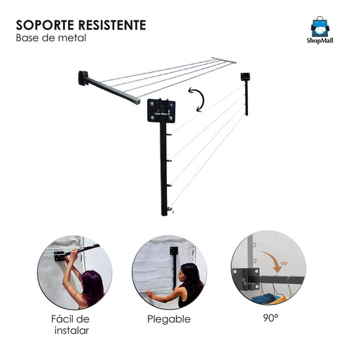 Tendedero Plegable Retráctil Ropa Reforzado Metal 20 Metros Color Negro