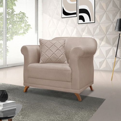 Poltrona Decorativa Retro Polo Com Almofada Linho Areia Ezz