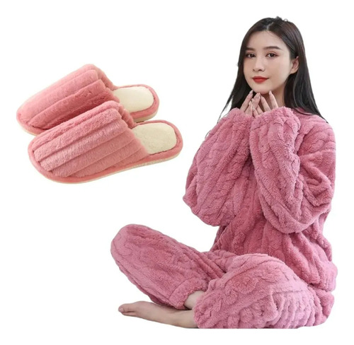Pijama Conjunto Pijama Forro Polar Mujer + Pantuflas