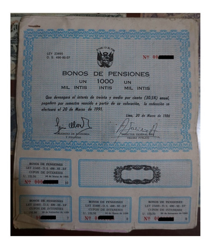 Bono Bonos De Pensiones Mil Intis Año 1986 Documentos 