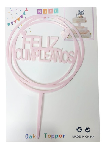 Adorno Cake Topper Feliz Cumpleaños Redondo Rosa Pastel Deco