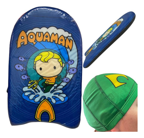 Kit Para Natação Infantil Personagem Aquaman Prancha + Touca