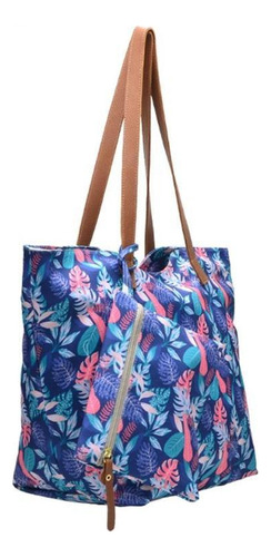 Bolsa Feminina Saco Estampada Floral Zíper + Necessaire Cor Azul
