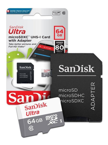 Cartão Memoria Sandisk Micro 64gb Classe 10 80mb/s Ultra