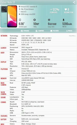 Cubot Note 21 6gb + 6gb = 12gb 128gb Dual Sim Duos