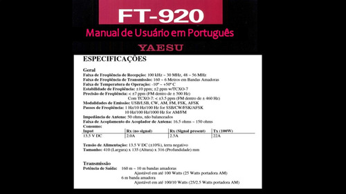 Manual Transceptor Yaesu Ft-920 Em Português 123 Páginas (Usado)