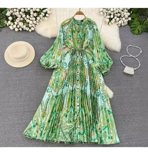 Elegante Vestido Largo Con Mangas Tipo Farol Y Estampado