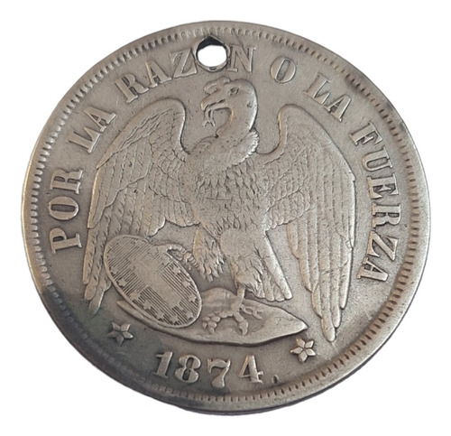 Moneda De 1 Peso Águila De 1.874 Plata Chile Perforado