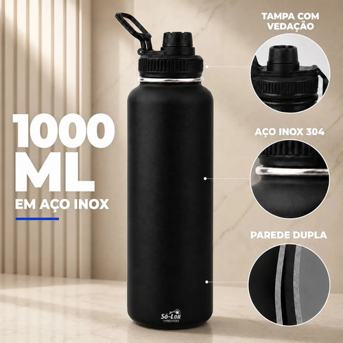 1000ml Garrafa Térmica Isolada A Vácuo Squeeze Aço Inox 304 para Água Gelada Esporte Academia com Alça e Bico Preto Sólar