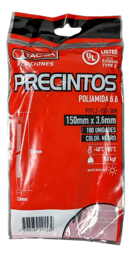 Precintos Prensacable 150mm X 3.6mm Tacsa X 100 Unidades Color Negro