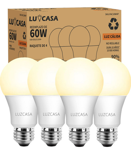Paquete 4 Focos Led 10 W Bombillas E26 Luz Ahorradores Blanco Cálido