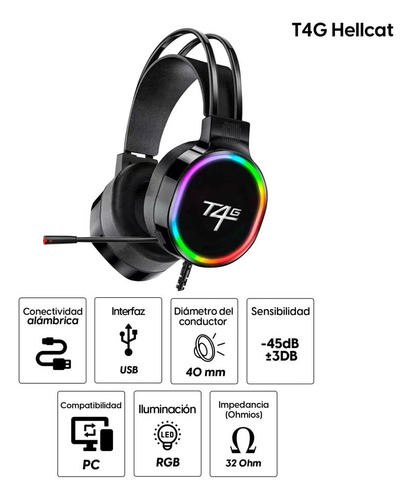Audífonos Gamer T4g Hellcat 7.1 Conexión Usb, Rgb, Negro